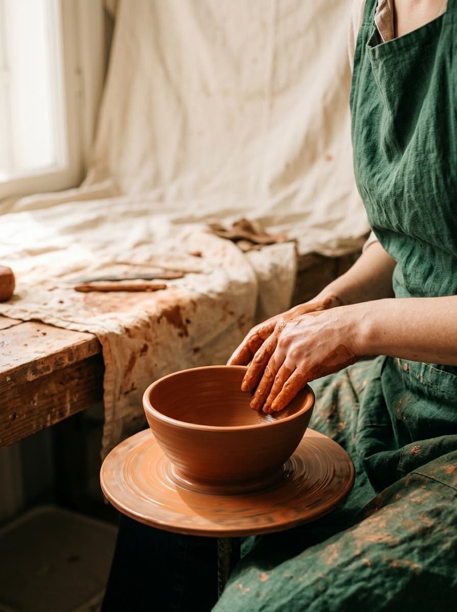 Ceramicist hands shaping a clay bowl on the pottery wheel